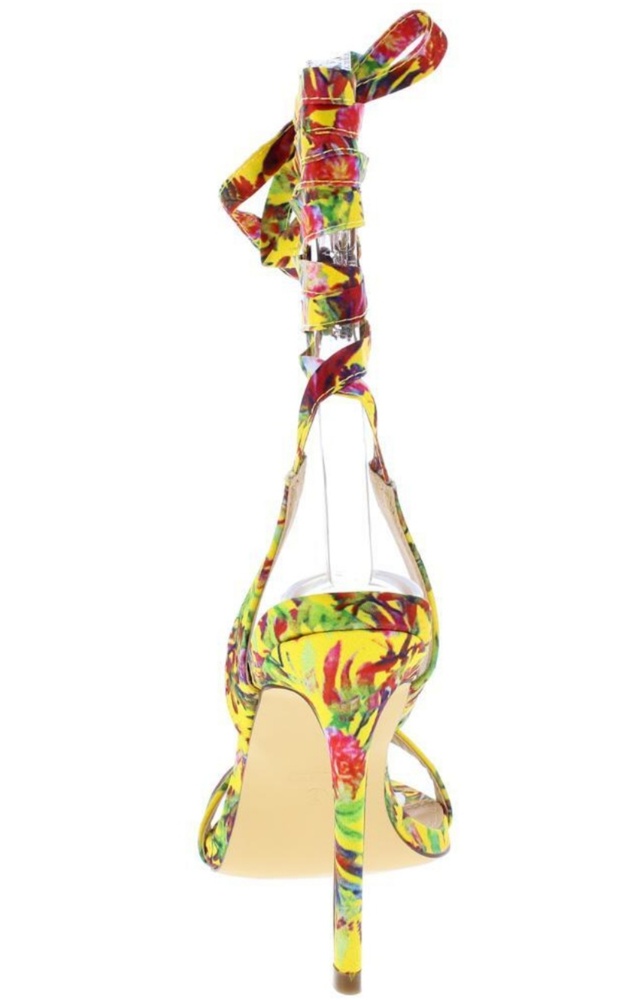 💙Yellow Floral Open Toe Ankle Wrap Stiletto Heel - Picture 2 of 3